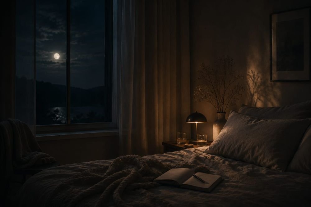 Stimmungsvolles Schlafzimmer bei Nacht mit warmem Lampenlicht, offenem Notizbuch auf dem Bett und Blick auf einen mondbeleuchteten See. Die ruhige Szene vermittelt nächtliche Wachheit, innere Unruhe und die Sehnsucht nach echter Ruhe.