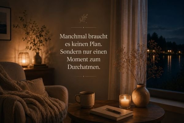 Warmes nächtliches Wohnzimmer mit Kerzenlicht, gemütlichem Sessel, Tasse und Blick in die Dunkelheit. Die ruhige Szene vermittelt einen stillen Moment zum Durchatmen bei innerer Unruhe und nächtlicher Erschöpfung