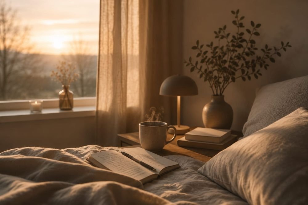Gemütliche Schlafzimmer-Szene mit warmem Abendlicht, offenem Notizbuch im Bett, dampfender Tasse auf dem Nachttisch und ruhiger, entspannter Atmosphäre – symbolisch für innere Anspannung, Schlafprobleme und das Bedürfnis nach Ruhe und Sicherheit.