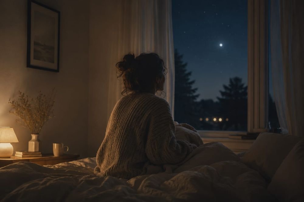 Eine Frau sitzt nachts wach in einem warm beleuchteten Schlafzimmer auf dem Bett und blickt aus dem Fenster in den Sternenhimmel. Die ruhige Szene vermittelt das Gefühl von nächtlicher Wachheit trotz tiefer Erschöpfung