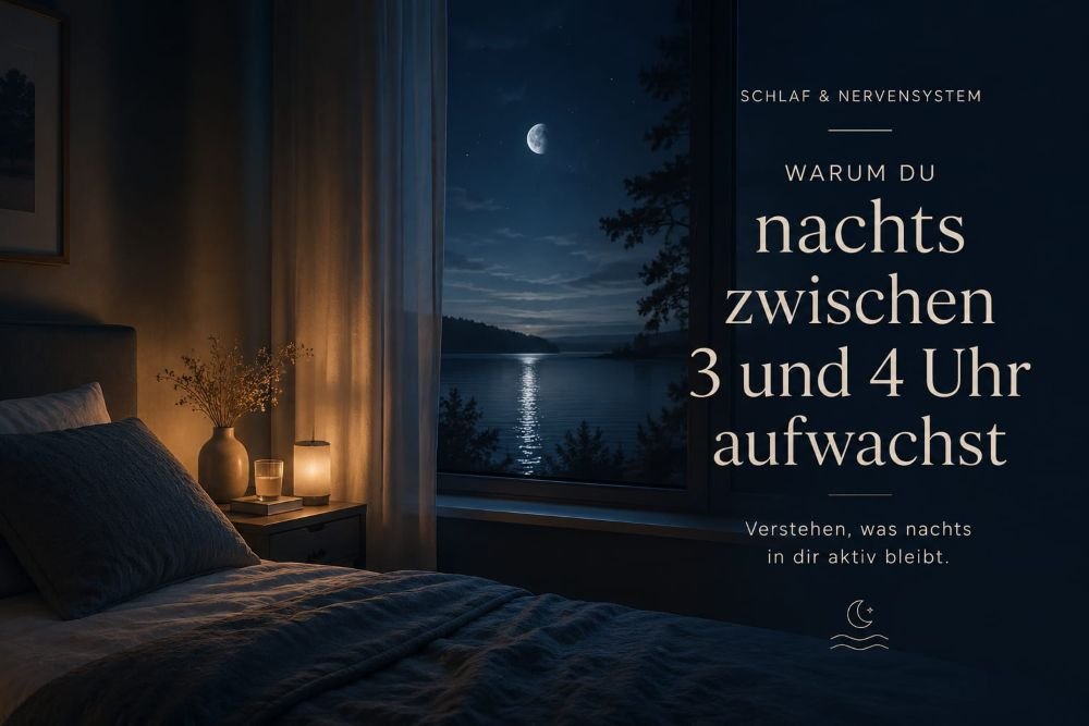 Ruhige nächtliche Schlafzimmer-Szene mit Blick auf einen stillen See im Mondlicht, warmem Lampenlicht neben dem Bett und beruhigender Atmosphäre – symbolisch für nächtliches Aufwachen, innere Aktivierung und ein Nervensystem, das nachts nicht vollständig zur Ruhe kommt.