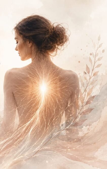 Illustration einer Frau mit warmem Licht im Brustbereich als Symbol für die Verbindung zwischen Körper und Innenleben
