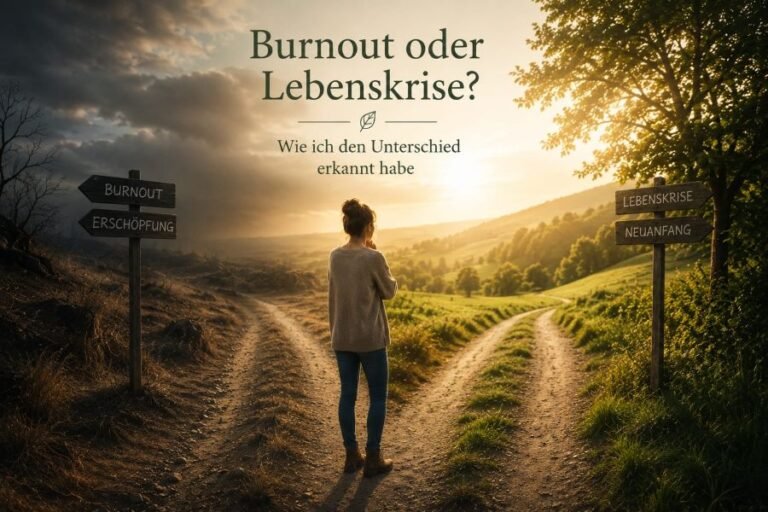 Frau an einer Weggabelung zwischen Burnout Lebenskrise auf der Suche nach Klarheit und einem neuen Weg