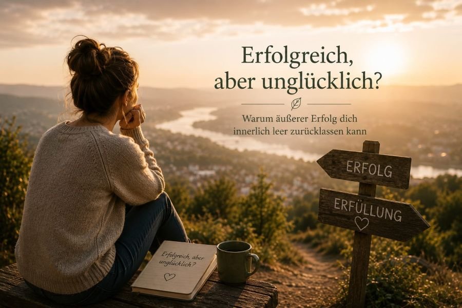 Frau blickt auf eine Landschaft mit Wegweisern zu Erfolg und Erfüllung als Symbol für äußeren Erfolg und innere Leere
