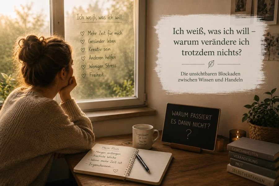 Nachdenkliche Frau blickt aus dem Fenster und weiß, was sie verändern möchte, fühlt sich aber wie blockiert bei der Umsetzung