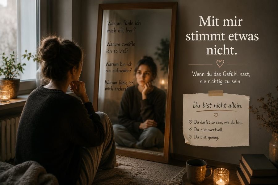 Nachdenkliche Frau sitzt vor einem Siegel und zweifelt an sich selbst - Symbol für das Gefühl, nicht richtig oder falsch zu sein