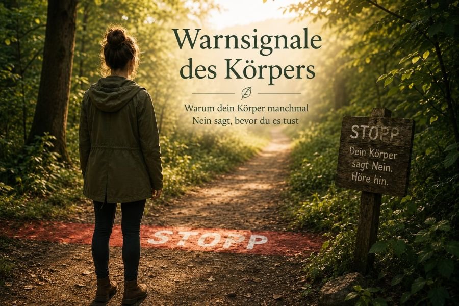 Frau steht vor einer roten Stopplinie auf einem Waldweg als Symbol für Warnsignale des Körpers und persönliche Grenzen