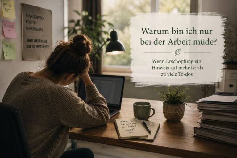 Erschöpfte Frau am Schreibtisch bei der Arbeit - Symbolbild für Müdigkeit, Erschöpfung und fehlende Energie im Berufsalltag
