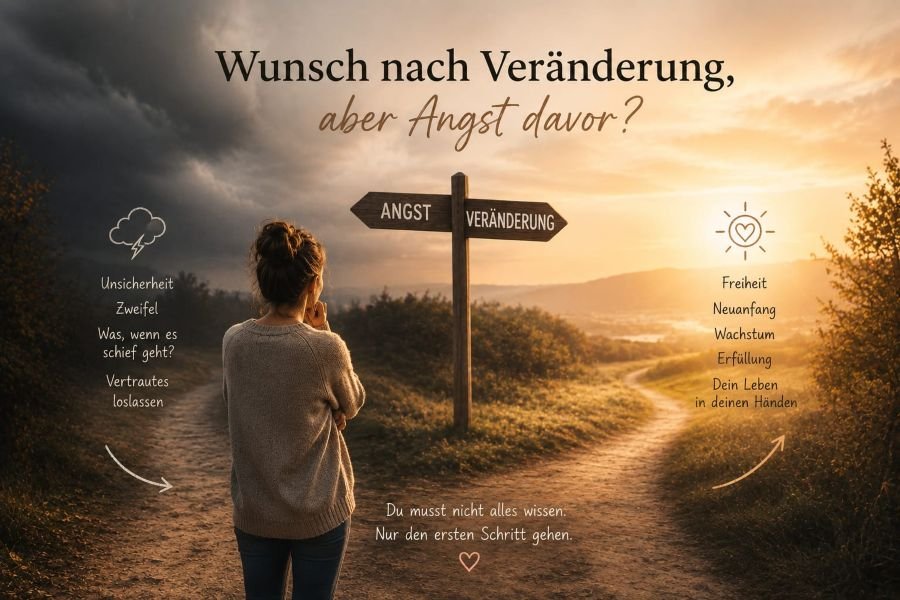 Frau steht an einer Weggabelung zwischen Sicherheit und Veränderung und überlegt, welchen Weg sie gehen soll