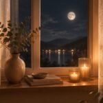 Ein geschlossenes Fenster mit Blick auf den Vollmond, mit Kerzenlicht, als Sinnbild für, nächtliches Aufwachen zwischen 2Uhr und 4 Uhr.