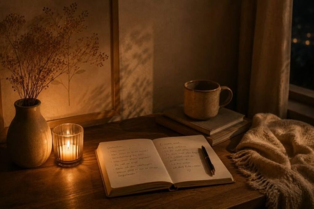 Ein Schreibtisch mit aufgeklapptem Notizbuch, Tasse Tee und Kerzenlicht in nächtlicher Umgebung, mit dezentem, warmer Beleuchtung.