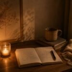 Nächtliche Atmosphäre mit Kerzenlicht an einem Schreibtisch mit Tee und Notizbuch am Fenster mit Blick auf die Nacht, sinnbildlich dafür Unsicherheit hält dich nachts wach