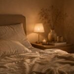 Ein leeres Bett in einem warm beleuchteten Schlafzimmer nachts, als Sinnbild für Schlaflosigkeit wenn man nachts nicht zur Ruhe kommt