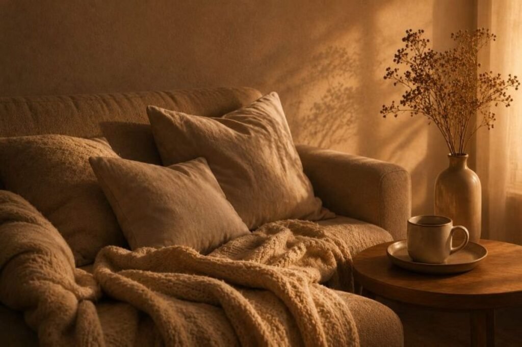 Ein Sofa in ruhiger Atmosphäre mit Kissen und Kuscheldecke, sanftem, warmen Lichteinfall als Einladung zur Reflexion darüber welche Verantwortung trägst du nachts mit dir herum