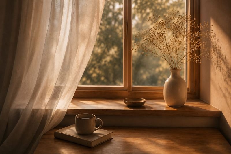 Blick aus durch ein geschlossenes Fenster ins Grüne in luftiger Atmosphäre, einer Tasse Tee und einem geschlossenen Buch auf der Fensterbank, sinnbildlich für eine reflektierende Situation darüber warum ich heute besser schlafe als früher.