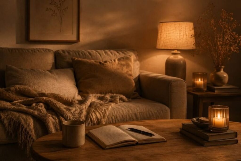 Gemütliche, warme Wohnzimmeratmosphäre mit einer Kuscheldecke und Kissen auf dem Sofa, einer Tasse Tee und einem geöffneten Notizbuch auf dem Tisch davor, sinnbildlich für eine durchwachte Nacht und warum unser Kopf nachts nach Lösungen sucht.