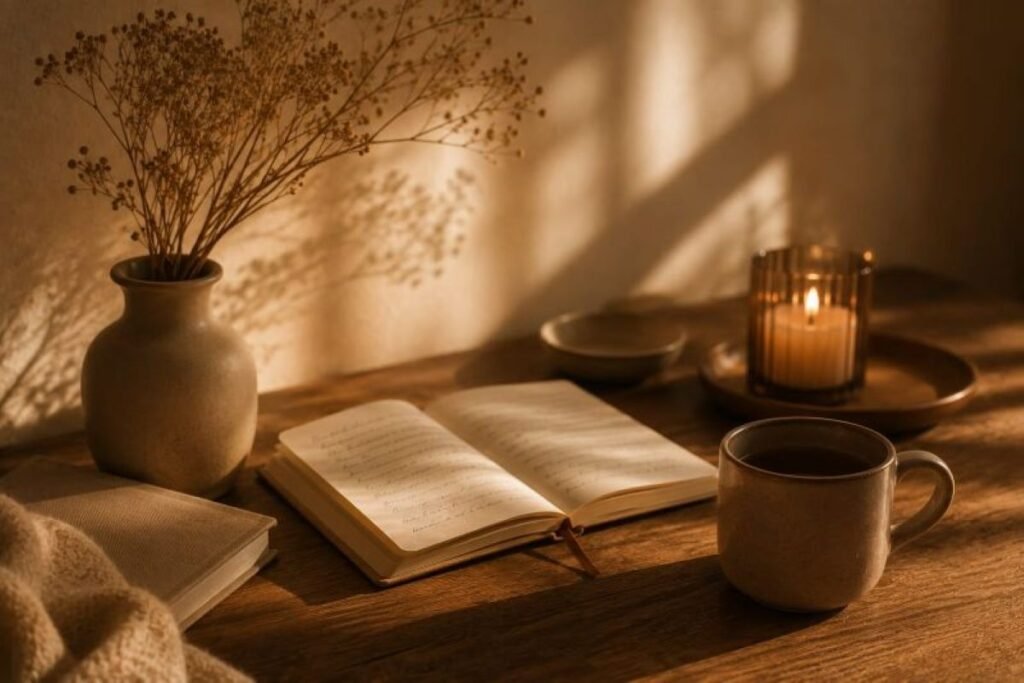 Ein Schreibtisch mit geöffnetem Notizbuch und einer Kerze bei sanftem, warmem Morgenlicht als einladende Atmosphäre zum erzählen was mein Körper mir über Vertrauen beigebracht hat.